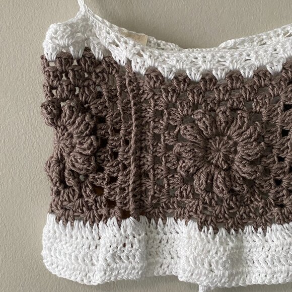 NWT Handmade Crochet White Brown Children's Granny Square Tie Straps Crop Top - Picture 4 of 5